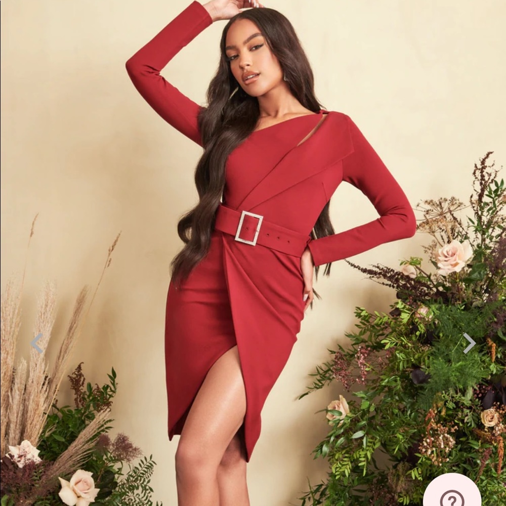 Lavish Alice asymmetric long sleeve ponte midi dress in burgundy
